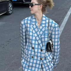 LIZAKOSHT  -  Blazer Plaid Button Design Blue Casual Women'S Spring And Autumn Korean Style High-End Design Hong Kong Style Retro Suit Trend