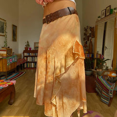 LIZAKOSHT - Vintage Smudged Print Chiffon Skirt Harajuku Women Low-waist Asymmetrical Skirt Summer Clothes Boho Vacation wear 2026