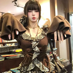 LIZAKOSHT  -  Ancient Long-Sleeved V-Neck Leopard Print Bottoming Shirt Women Autumn Winter New Slim Versatile Design Drawstring Top Trendy