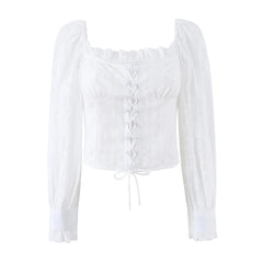 LIZAKOSHT - Sweet Embroidery White Cross Lacing up Bow Front Long Puff Sleeve Shirt Women Slash Collar Elastic Back Slim Crop Top blouses