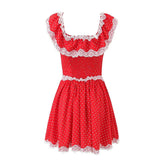 LIZAKOSHT - Summer Women Lace Patchwork Sexy Off Shoulder Dress Low Waist Short Sleeve Female Holiday Party Mini Dresses White Red