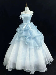 LIZAKOSHT - Light Blue Strapless Ball Gown Satin Bow Decor Ruffled Organza Tiered Tulle Skirt Princess Formal Wedding Party Dress