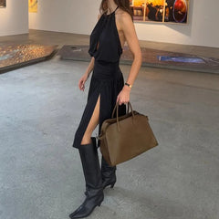 LIZAKOSHT - Summer Solid Color Fit Commute Lady Dress Fashion Sleeveless Hollow Out Maxi Dress Elegant High Waist Backless Pleat Party Dress
