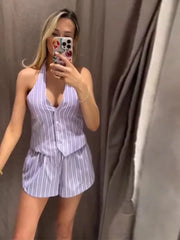 LIZAKOSHT - Striped Women's Two Piece Suit Halter Lace Up Sleeveless V-neck Single Breasted Top Short Pants 2025 Summer Lady Causal Outfits