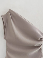 LIZAKOSHT - Fashion Summer Women's Sexy Sleeveless Asymmetric Pleated Vest Causal Elegant Tops Single Shoulder Vintage Slim Tops