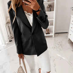 LIZAKOSHT - New Long Sleeved Solid Color Suit Collar Button Up Suit Jacket Cardigan