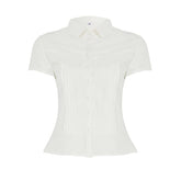 LIZAKOSHT - Turn-Down Collar Button-Up Corset Blouse Women's Casual Solid Tee Shirt Korean Short Sleeve Fashion Cute Top
