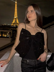 LIZAKOSHT - Fashion Solid Color Sleeveless Bow Woman Top Sexy Black Loose Backless Sequins Short Vest 2025 Spring Female New Street Wear