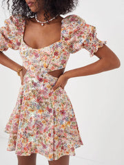 LIZAKOSHT  -  Women s Summer Floral Print Dress Short Puff  Square Neck Cutout Waist  Mini A-Line Dress