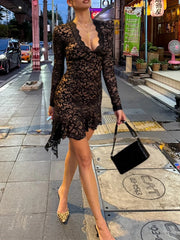 LIZAKOSHT - Irregular Sexy Deep V-neck Lace Women Dress Black Flare Sleeve Bodycon Mini Dress Autumn Slim Elegant Party Clunwear