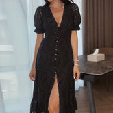 LIZAKOSHT - Elegant Hollow Out Dress For Women Fashion White V-neck Single Breasted Short Sleeve Slim Female Dresses 2025 Summer Lady Robe