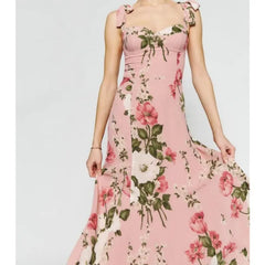 LIZAKOSHT - Women Tie Bow Strap Sleeveless Sexy Beach Robe Holiday Retro French Pink Flower Print V neck Corset Chest Style Midi Sling Dress