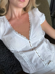 LIZAKOSHT - Lace Patchwork Solid Blouses for Women Single-breasted Fashion Slim Clothes Streetwear V-neck Short Sleeves Tops