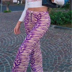 LIZAKOSHT - Ladies Pants Women Personality Striped Printed Trousers Zipper High Waist Slacks Tight Straight-leg Trousers Streetwear