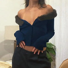 LIZAKOSHT - Autumn Long Sleeve Button Up Cropped Cardigan Women Off Shoulder Fur Collar Patchwork New Fairy Y2k Fashion Knitted Sweater Tops