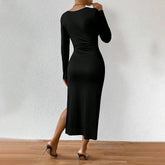 LIZAKOSHT - Women Elegant Lady Style Dress Square Neck Sexy Slit Slim Fit Midi Skirt Dresses