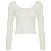 LIZAKOSHT - Contrast Lace V-neck Top Coquette Aesthetic Folds Chest Long Sleeve T-shirt Y2K Sexy Slim-fit Knitted Tops Fall Spring