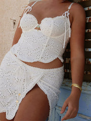 LIZAKOSHT - Women 2 Pieces Skirts Sets Lace Flower Lace-up Strap Camis Side Split Mini Skirts Summer Outfits Party Clubwear