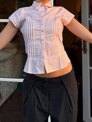 LIZAKOSHT  -  Turn-Down Collar Button-Up Corset Blouse Women's Casual Solid Tee Shirt Korean Short Sleeve Fashion Cute Top