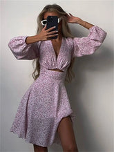LIZAKOSHT - V-Neck Printed Mini Dress For Women Summer 2023 Fashion Hollow Out Elegant Long Sleeve Dress Outfits Patchwork Slin Dress