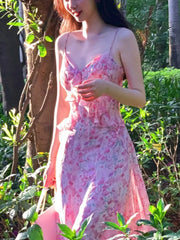 LIZAKOSHT - Pink Print Elegant Fairy Dress Women Chiffon Sweet Vintage Beach Midi Dress Female Ruffle Casual Korean Style Strap Dress