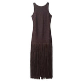 LIZAKOSHT - Women's Solid Sleeveless Maxi Dress Fashion O-neck Backless Patchwork Tassel Hem Dress Lady Spring Elegant Party Vestidos