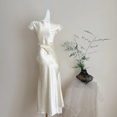 LIZAKOSHT - French Vintage Cream White Satin Polka Dot Lace Ruffle Cap Sleeves V Neck Waist Cinched Maxi Dress Women Girls Daily Party Wear