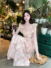 LIZAKOSHT  -  Beautiful Lace Square Neck Small Flying Sleeve Floral Dress with Temperament Waist-hugging and Slimming A-line Long Skirt