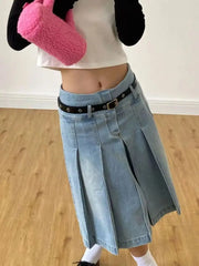 LIZAKOSHT - Denim Pleated Skirt High Waist Y2k Streetwear Women Vintage A-Line Distressed Knee-Lenght Jeans Skirt Japanese Fashion Versatile