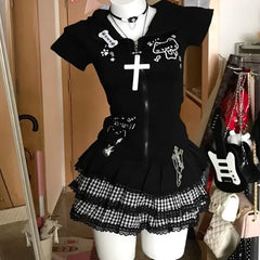 LIZAKOSHT - Mini Women's Skirts Japanese Jupe Streetwear Patchwork Lace Plaid Saia Faldas Mujer De Moda A-line Fashion Punk Y2k Skirt