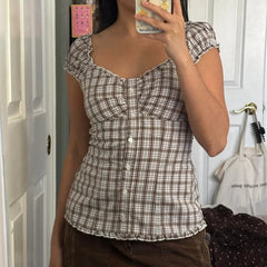 LIZAKOSHT - Women Y2k Fairy Coquette Shirt Cute Puff Short Sleeve Button Down Frill Trim Smocked Tops Aesthetic Grunge Streetwear