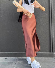 Silk Satin Skirts for Women Summer Casual Style A-line Solid Color Elastic High Waist Side Slit Champagne Skirt