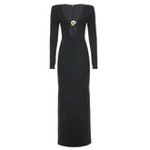 LIZAKOSHT - Women Sexy Metal Buckle Hollow Out Boydcon Maxi Dress Deep V Neck Full Sleeve Wrap Hips Split Party Long Robe Birthday Outfits