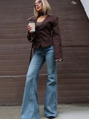 LIZAKOSHT - Elegant Ribbon Single Breasted Coat Women Fashion Solid V-neck Long Sleeve Pocket Jackets Female Autumn Chic Casual Streetwear