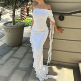 LIZAKOSHT - Summer Newly Irregular Ruffle Fringe Party Off Shoulder Dress Elegant One Sleeve Slim Hip Package Lady Split Vacation Robes