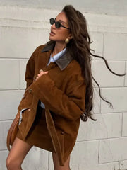 LIZAKOSHT  -  Women Brown Suede Short Jacket Leather Lapel Pockets Single Breasted Outerwear 2025 New Autumn Fashion High Street Lady Jackets
