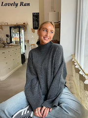 Lizakosht Batwing Sleeved Knitted Sweater For Women Loose Solid Turtleneck Warm Pullover Autumn Fashion Female Casual Jumper
