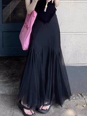 LIZAKOSHT - Mid Long Skirts Womens Mesh Skirt Mori Girl Style Lolita Spring Summer High Waisted A-Line Ruffle Skirts rok