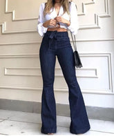 LIZAKOSHT - New Women Denim Tie Waist Flare Jeans Boyfriend Jeans Ladies High Waist Skinny bell bottom jeans Pants Autumn Wide Leg Mom Jeans