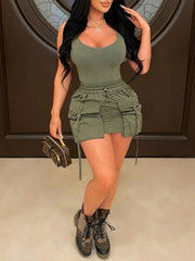 LIZAKOSHT - Solid Spliced Lace Up Short Casual Skirts For Women High Waist Spliced Pockets Chic Cargo Skirts Female Fashion Style New