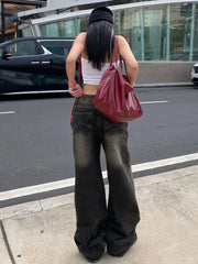 LIZAKOSHT - Streetwear Women'S Jeans Harajuku Cargo Pants Y2K Casual Denim Distressed Straight Wide Leg Trousers Female Korean 2024