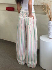LIZAKOSHT - Y2k Chic Sweet Cute Lace Trim Colorful Stripe Pant All Match Loose Straight Leg Elastic Waist Trouser Kawaii Streetwear