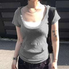 LIZAKOSHT  -  Pockets Hooded Top Retro Street Style Short Sleeve Hoodie T-shirts Summer Casual Basic Slim-fit Loose Crew Neck Tees