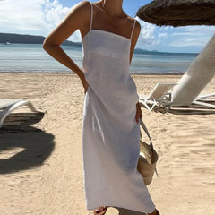 LIZAKOSHT - New Fashion Off Shoulder Cotton Linen Beach Dress Summer Casual Bohemian Tube Tops Long Dress 2024 Women Suspender Solid Dress