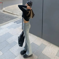LIZAKOSHT - Women's Elastic Slim Denim Flare Boot Cut Pants Female Lady Vintage High Waist Trumpet Full Length Jeans Streetwear for Women