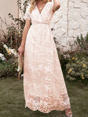 LIZAKOSHT - White Floral Embroidery Dress Women Summer Casual V Neck Short Sleeve Dress Elegant Fashion Lace Boho Beach Holiday Long Dresses