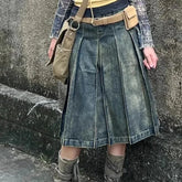 LIZAKOSHT - Pleated Design Y2k Vintage Denim Skirt Grunge A-line Mid-length Skirt Streetwear High Waist Oversize Skirt For Women