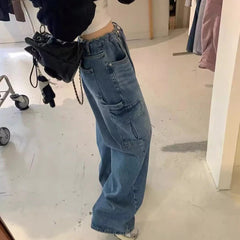 LIZAKOSHT  -  Vintage Multi-pocket Washed Loose Wide Leg Jeans Women 2024 Summer New High Waist Lace-up Casual Denim Cargo Pants
