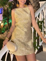 LIZAKOSHT - New Fashion Party Sexy Dress Summer Golden Mini Bodycon Dress Women Elegant Lady Dress Sleeveless Short