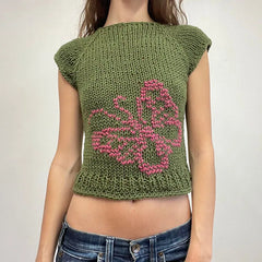 LIZAKOSHT - Butterfly/Bow Knit Short Sleeve Sweater Tees Aesthetic 2000s Retro Grunge T-shirt Preppy Cute Cottage Y2K Crop Tops Knitwear